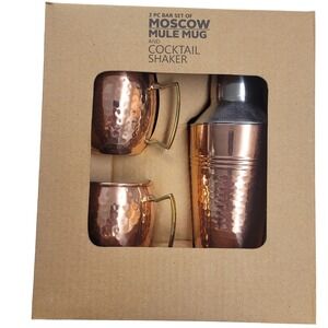 3 PC Moscow Mule Mug‎ and Cocktail Shaker Bar Set Hammered Copper BI-70521-D NEW